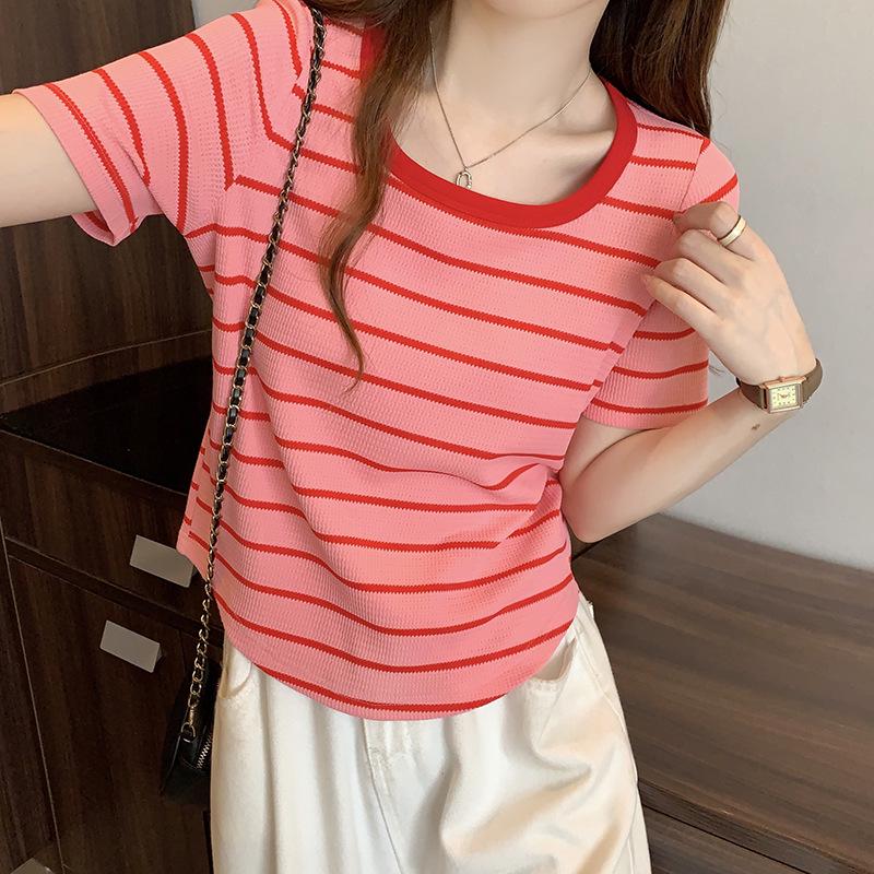 2026 Summer Plus Size Striped Slim Short Sleeve Top XXL