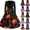 Womens Casual Vintage Halloween Dress V Neck Long Sleeve Retro Ghost Print A Line Midi Dress with Waist Tie for Party