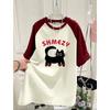 Nova T-shirt de Verão Versão Coreana Gato Desenho Animado Amor Versão Grande Solta Cor Contrastante Manga Raglan Manga Curta para Mulheres