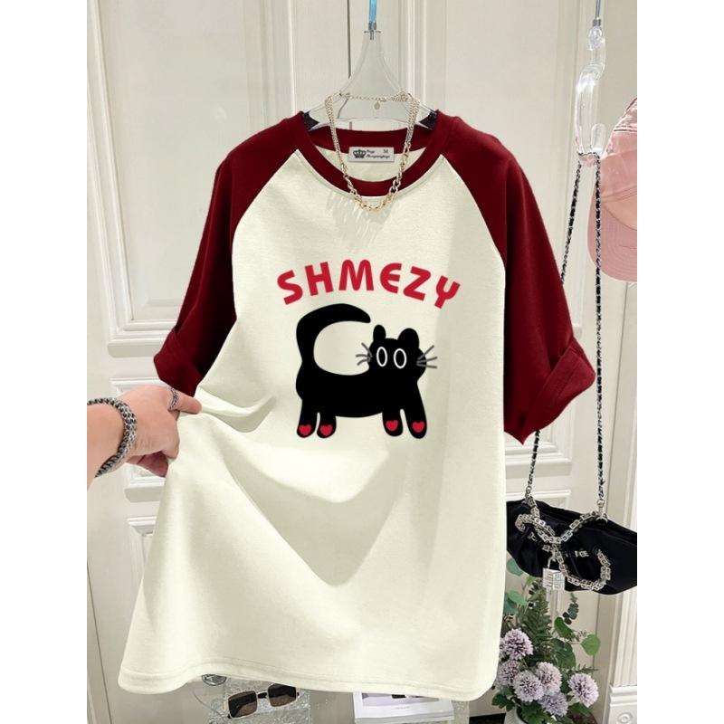 Nova T-shirt de Verão Versão Coreana Gato Desenho Animado Amor Versão Grande Solta Cor Contrastante Manga Raglan Manga Curta para Mulheres