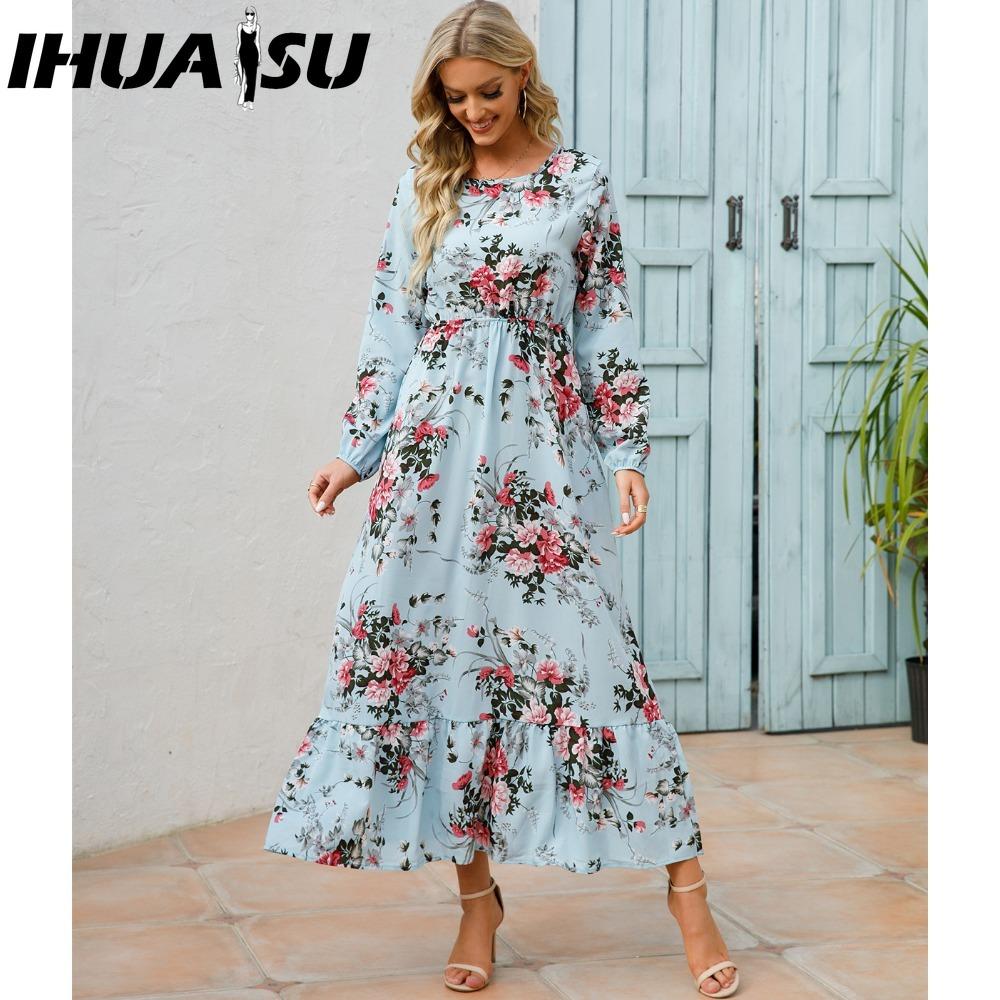 

IHUASU Весна Лето Богемный Женское Макси Платье Повседневный Длинный Рукав Высокая Талия Пляжное Платье Женские Цветочные Шифоновые Платья Vestidoes Mujer Новинка XL