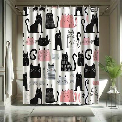 Cartoon-Katzen-Duschvorhang-Set - Verschiedene bunte Katzenmuster, Enthält 12 Haken, Polyestergewebe, Moderne Badezimmerdekoration