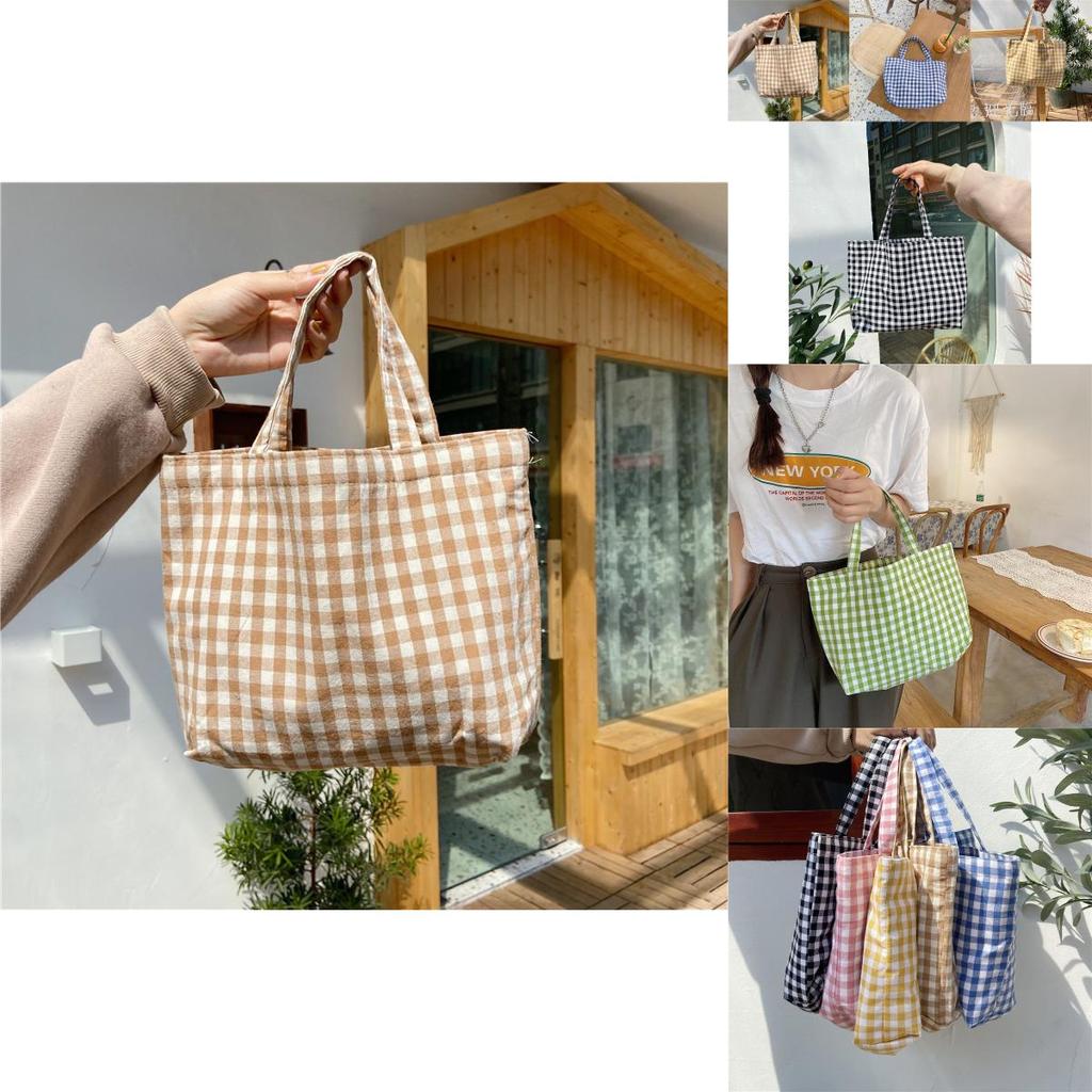 Charming Fresh Portable Bento Bag Japanese Style Plaid Handbag For Moms Students