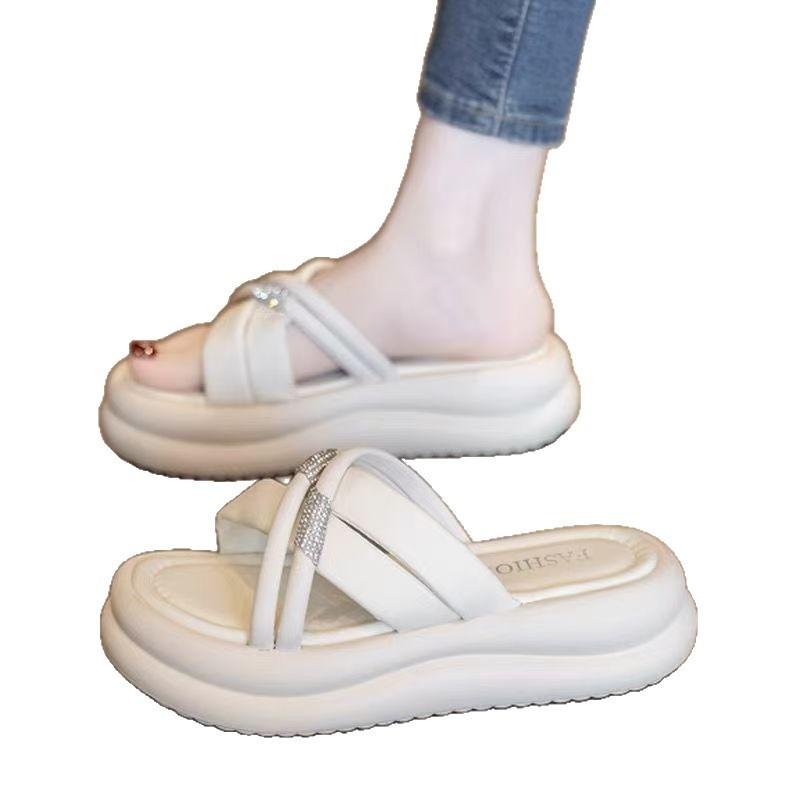 Sandals women's summer simple new soft-soled non-slip one-word drag muffin bottom rhinestone thick-soled beach shoes