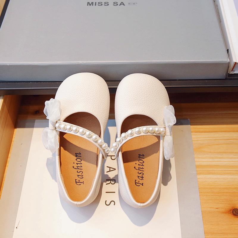 Mesh Pearl Bow Princess Shoes – Girls Korean-Style Leather Flats for Autumn 2026 23 бежевый