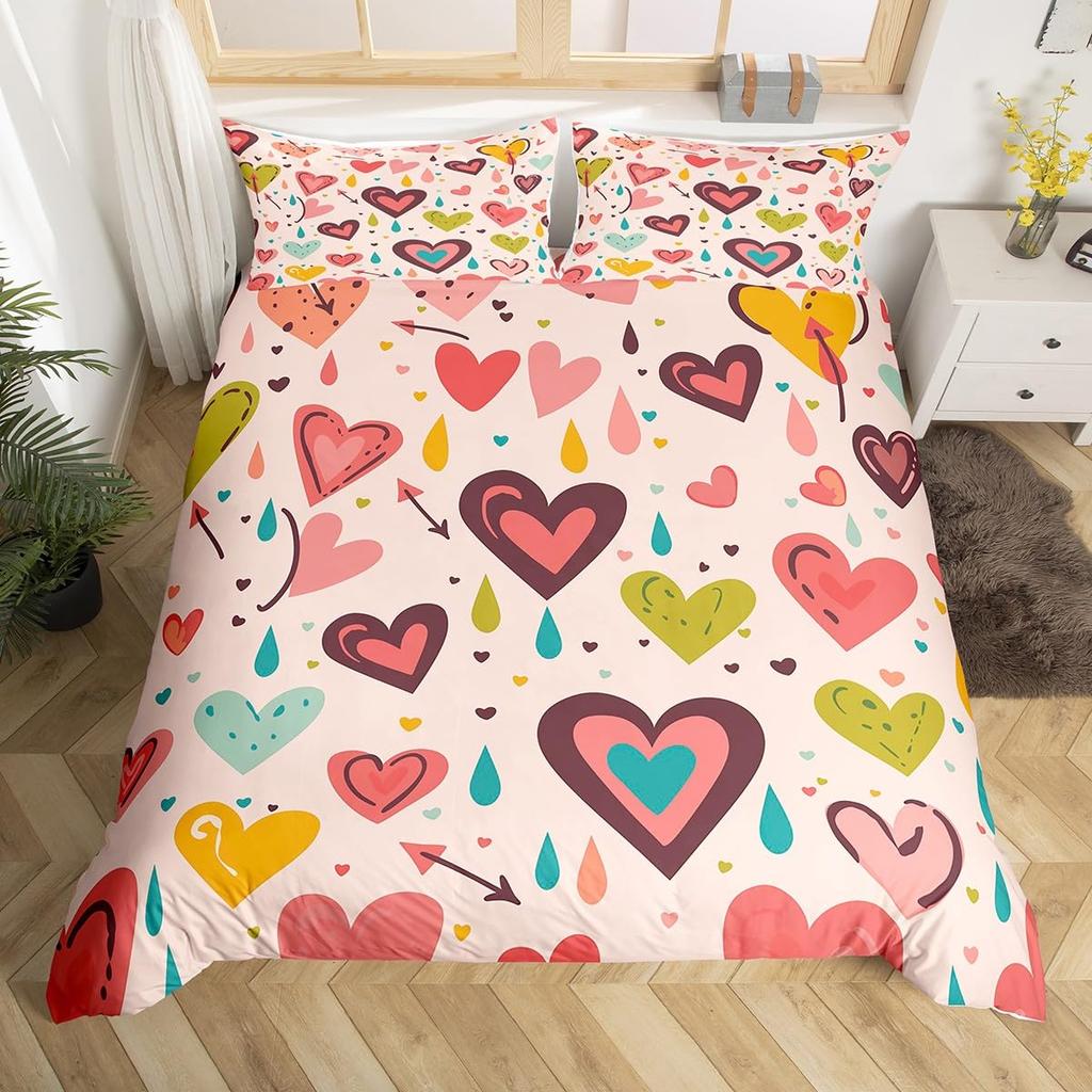 Colorful Rainbow Heart Duvet Cover Sets For Kids Boys Girls Queen Lightweight Quilt Covers Love Heart Bedding Sets Bedroom Decor