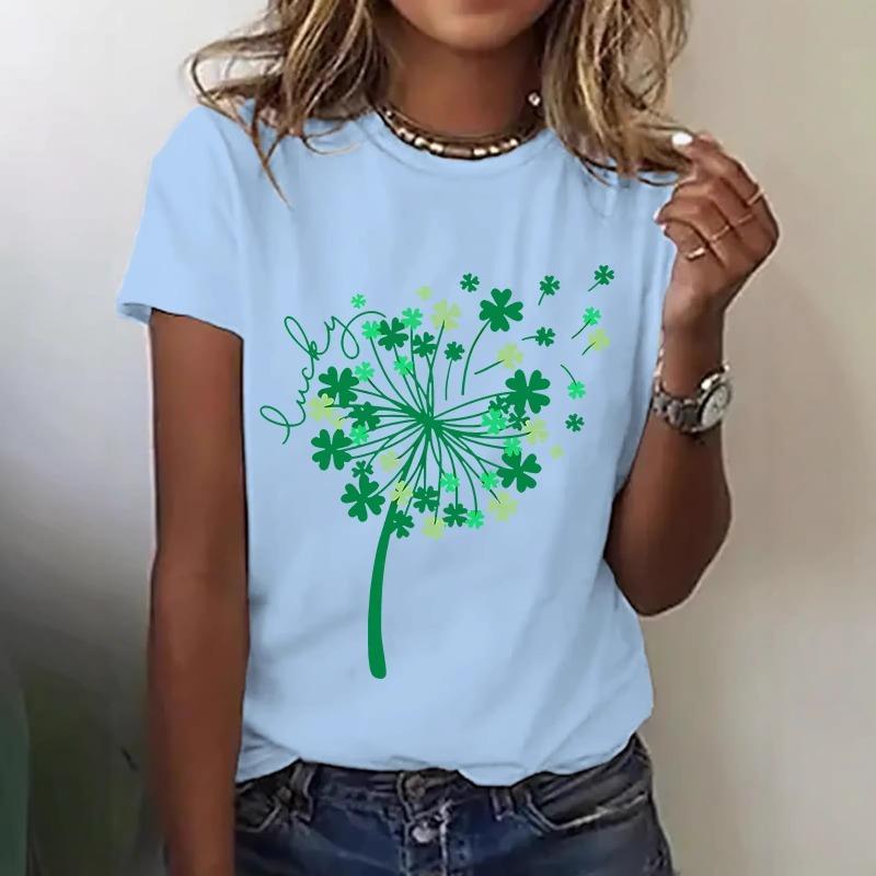 Damen Lucky Clover Pusteblumen Print T-Shirt Lässiges Kurzarm Rundhals Oberteil Sommer