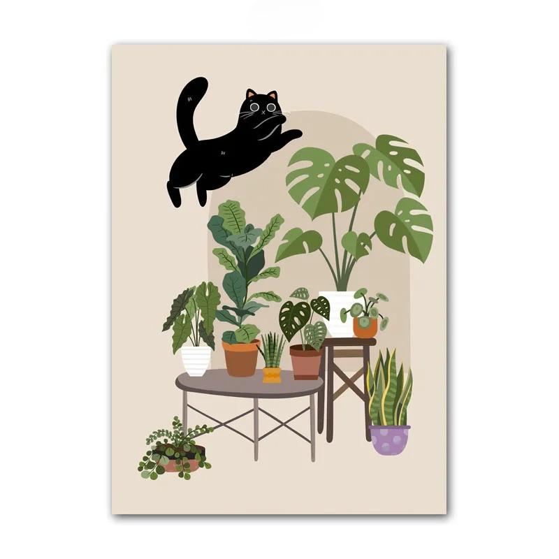 Black Cat Poster Canvas Painting Lovers Gift Wall Art Mural House Potted Plant Print Picture Living Room Home Decor Frameless