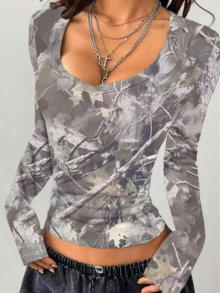 European Fashion 2025 Women's Retro Camouflage Tree Branch Pattern U-Neck Slim Fit Cropped T-Shirt