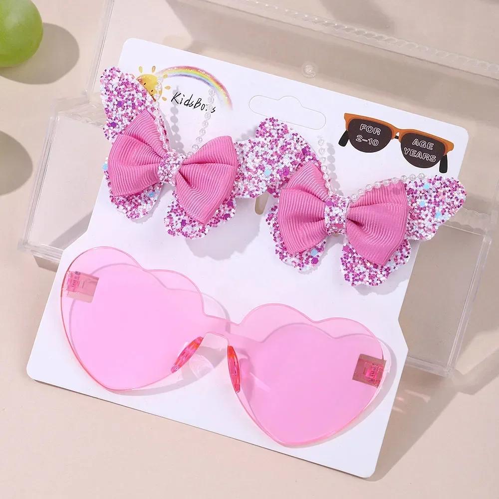 3Pcs/Card Glitter Butterfly Hair Clips Sunglasses for Girls Sparkling Kids Bows Hairpins Sun Glasses Cute Hair Accessories Set