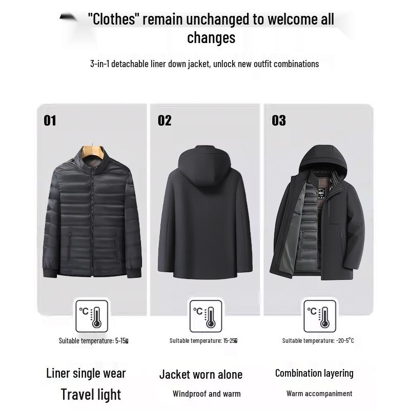 Men's Mid-Length White Goose Down Jacket with Removable Liner - Thickened Warm Coat for Middle-Aged Dads