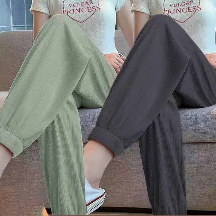 Women's Solid Colour Thin Section Casual Sweatpants Spring Summer Drawstring Foot Lantern Ice Silk Trousers