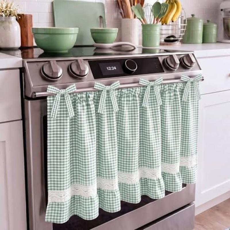 Cotton Blend Gingham Oven Curtain With Ruffled Lace Trim Farmhouse Kitchen Decor 75x55cm