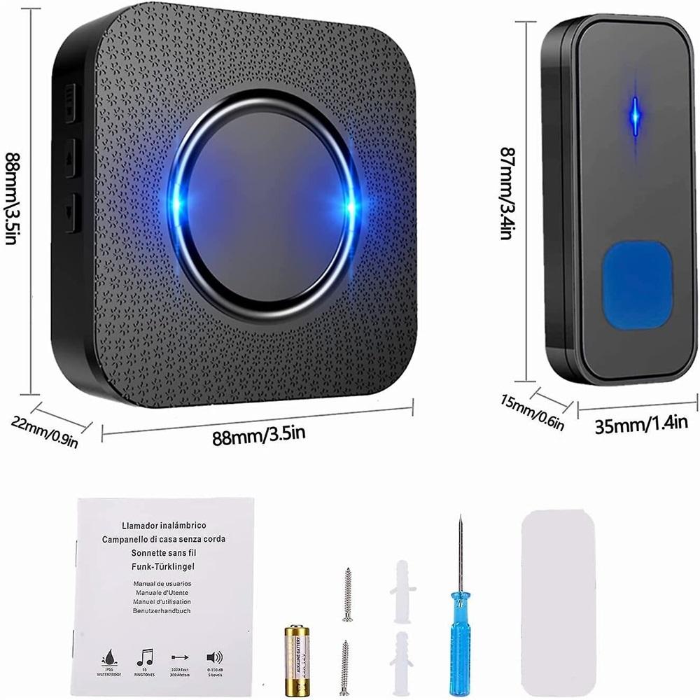 Wireless Doorbells,55 Melodies 5-level Volume And,ip55 Waterproof,with 300 Meters,led Flash,plug-in-black