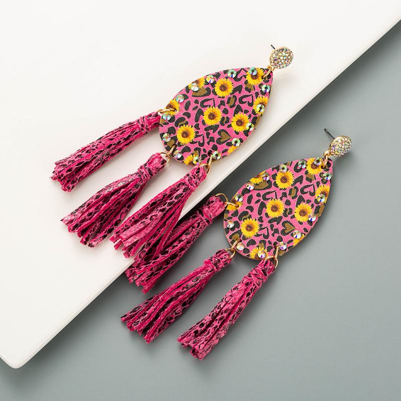 Women Hyperbole Double-sided Daisy Print Drop Earrings Titanium Steel Zircon Crystal Long Tassels PU Leather Bohemia Ear Ornaments