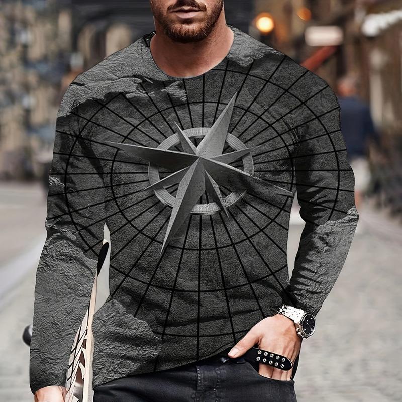Vintage Herren Langarm T-Shirt Mode Kreuzmuster Langarm 3D Kleidung Seekarte Print Street Harajuku Übergroß