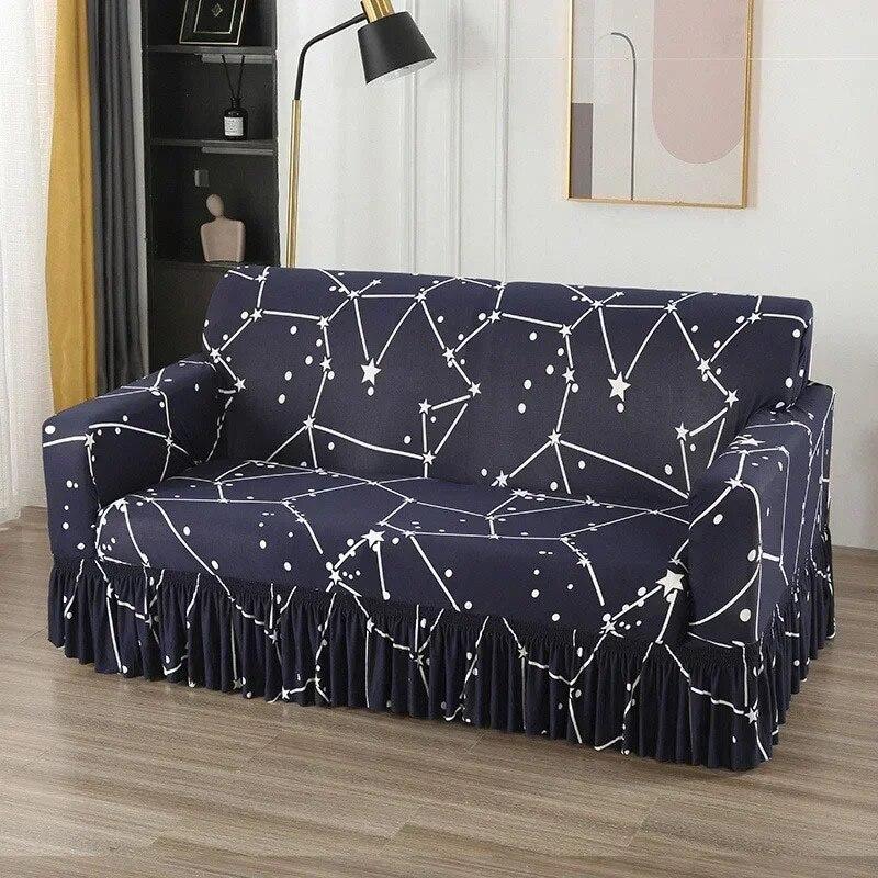 Sofaovertrekk med stort skjørt i europeisk stil, universalstoff for alle fire årstider, sklisikkert sofaovertrekk, full dekning, sofahåndkle med pute