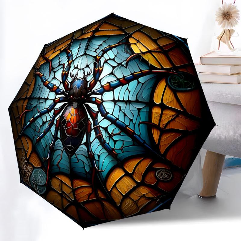1pc Spider StainedGlass Automatic Folding Umbrella, Lightweight Retractable Compact Travel Umbrella, 8-Rib Sturdy Frame097