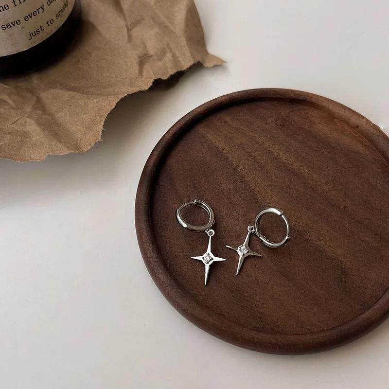 Retro Personality Zircon Cross Drop Dangle Earrings for Women Charm Four-pointed Star Hip Hop Rock Hoop Earrings Punk Jewelry