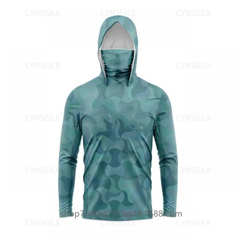 Mens Quick-Dry Ice Silk Long Sleeve Fishing Shirt With Hood Integrated Face Cover UV Protection Outdoor Sunproof Apparel
