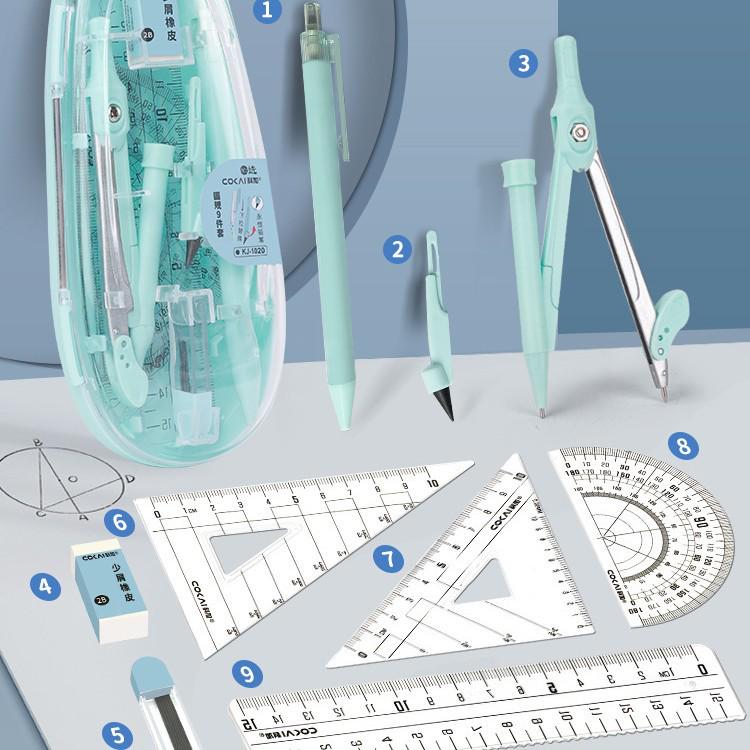 9-Piece Geometry Set for School: Compass, Protractor, Ruler, Square, and More