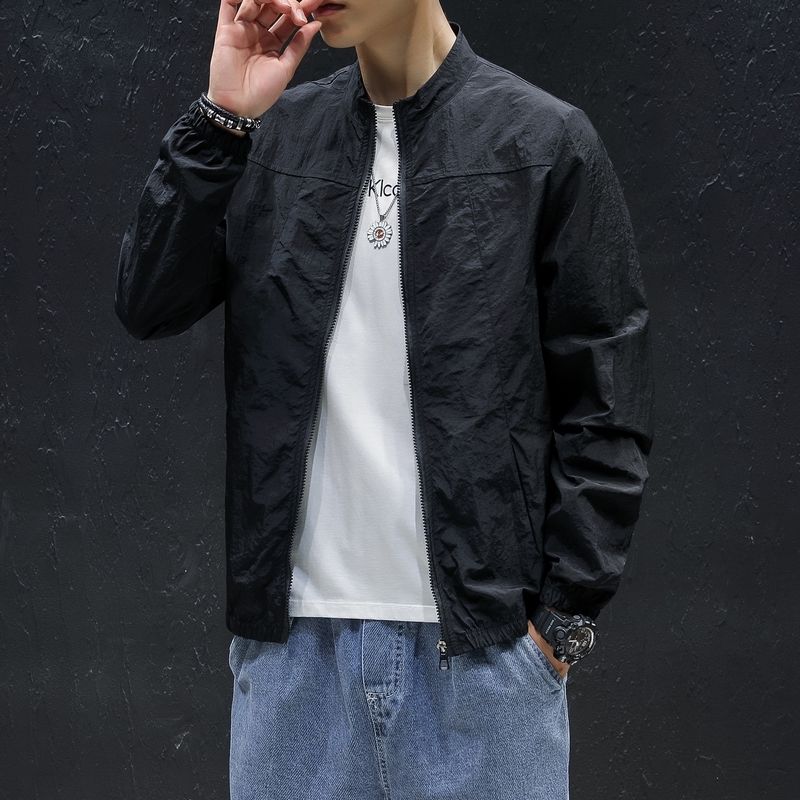

Летние мужские новые куртки с контрастной вставкой, воротником-стойкой, карманом на молнии, модные, однотонные, свободные, универсальные, минималистичные, повседневные, с длинным рукавом L чёрный