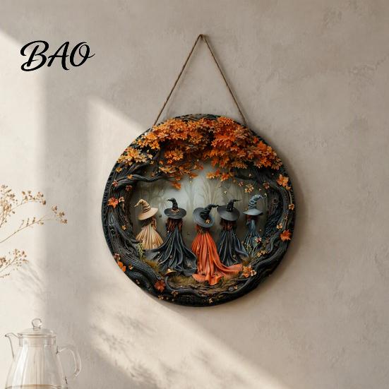 Retro Mysterious Forest Sign Halloween Witch Hanging Sign, 8" Round Wooden Door Autumn Witches Rustic Holiday for Home Front Porch Decoration Harvest