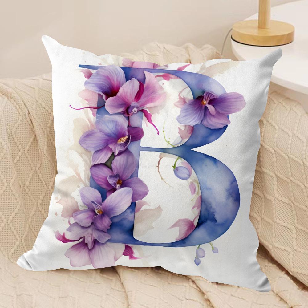Letters Floral Print Cushion Cover Soft Plush Fabric Double-Sided Printed Sofa Cushion Cover For All Seasons Home Decor Gift