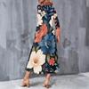 Plus Size Women V Neck Long Sleeve Black Purple Rose Printed A Line Midi Dress With Pockets