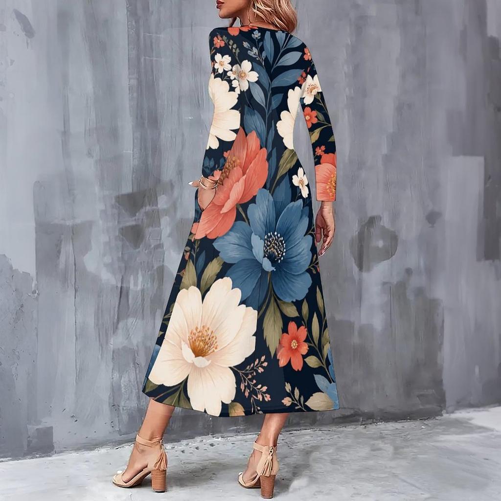 Plus Size Women V Neck Long Sleeve Black Purple Rose Printed A Line Midi Dress With Pockets