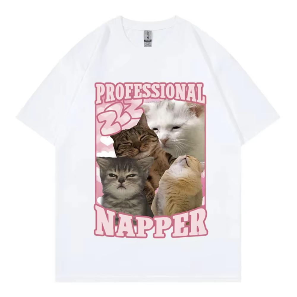 Professional Napper Funny Cat Meme Tshirt Kawaii Fashion Short Sleeve Men Women Tshirts High Quality Cotton Clothing Tee Shirt