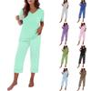 Women Casual Loose Fit Short Sleeve T Shirt and Capri Pants Pajama Set V Neck Top and Polka Dot Print Bottoms Lounge Wear Set