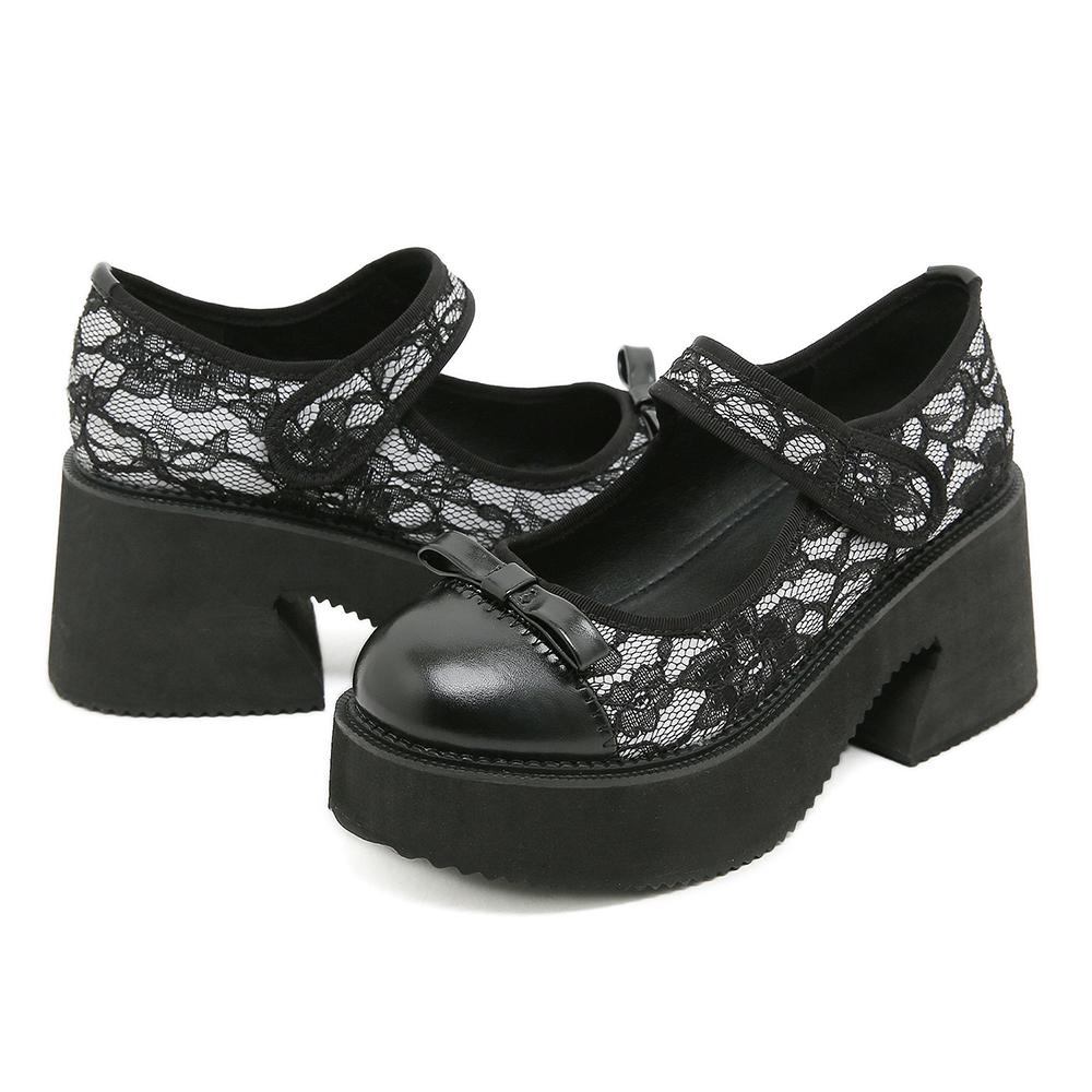 Gdgydh Platformové podpatky pro ženy Krajkové Květinové Silná Podrážka Robustní Podpatky Boty Mary Jane do školy Gumová Podrážka Bílé Svatební Boty