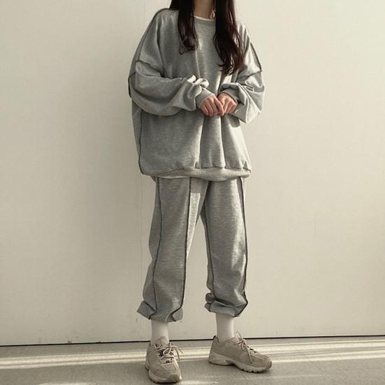 Yousheng - Conjunto de 2 piezas para mujer, top y pantalón, cuello redondo, manga larga, sudadera de color liso, cintura elástica, pantalones holgados, conjunto deportivo, chándal para otoño y primavera