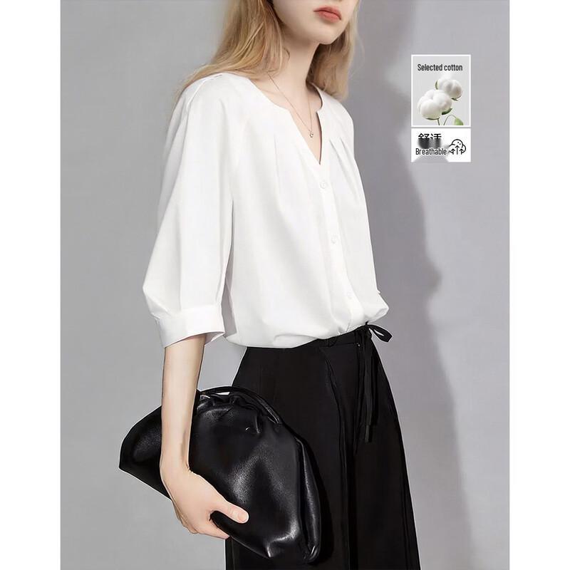 DEMANA Women s Elegant Pleated V-neck Stretch Shirt L