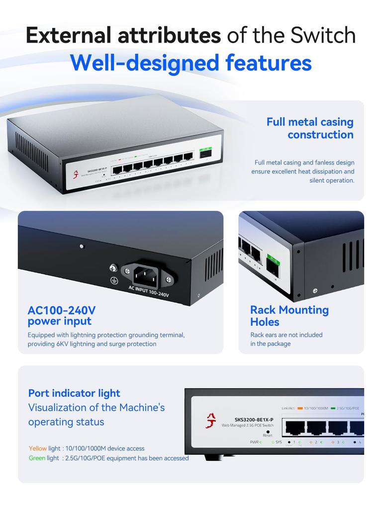 XikeStor 9 Port PoE Hub WEB Management Switch PoE Power 8 Port 1 Port 10G Security Security Camera AP VLAN Aggregation Splitter Hub Support 2.5G +