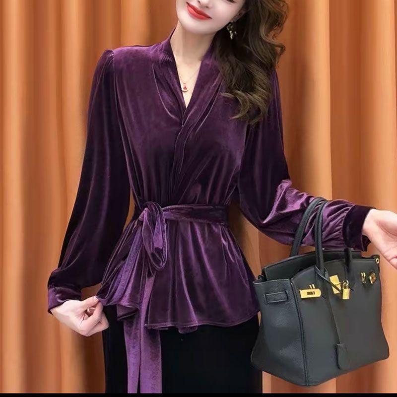 Pure Desire Women's French Style Velvet Tie-Up Long Sleeve Top - Slimming and Flattering for Autumn/Winter