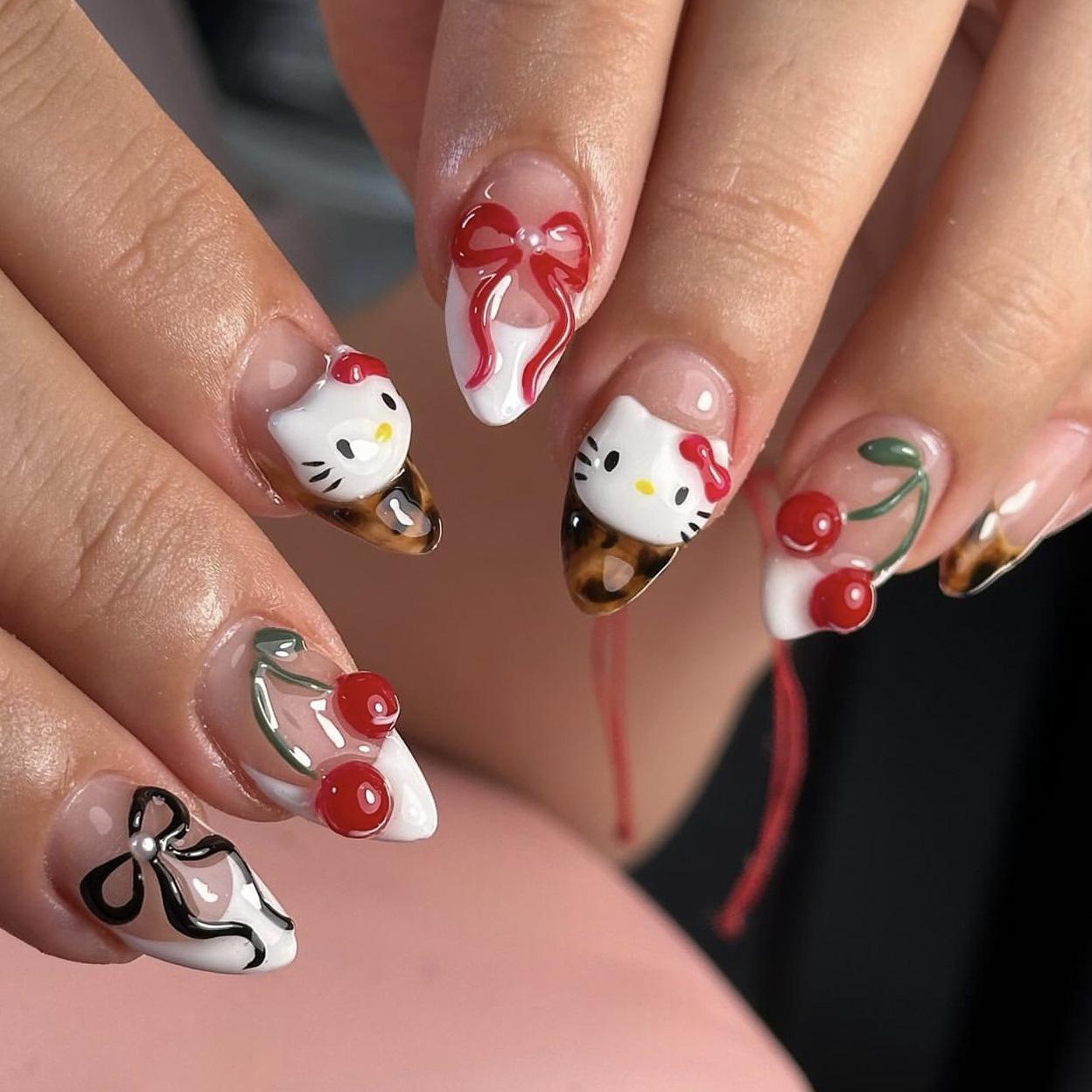 3D Cherry Almond Bow Nails - Detachable French Manicure Tips
