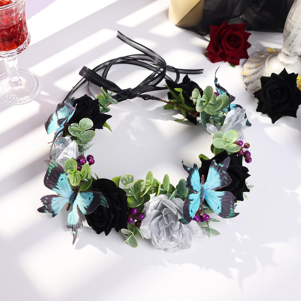 Butterfly Hair Bands Festive Flower Garland Ornament Skull Top Hair Accessories Intricate Artificial Flower Headwear For