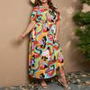 Large Size Loose V Neck Dress Women's Elastic Waist Short Sleeve Printed Long Skirt