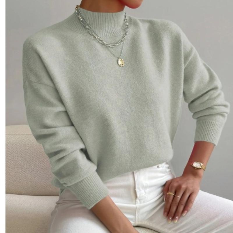 Women's Light Beige Ribbed High Neck Long Sleeve Knit Sweater