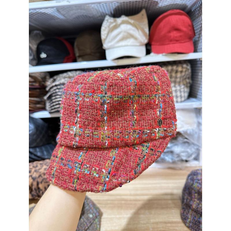tweed equestrian hat women's autumn and winter warm cap contrasting color striped newsboy hat knight hat