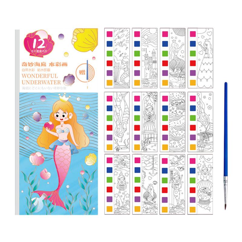 12 Sheets/Set Portable Watercolor Painting Book Coloring Book With Paint Brush Book Kids Graffiti Picture Drawing Stationery