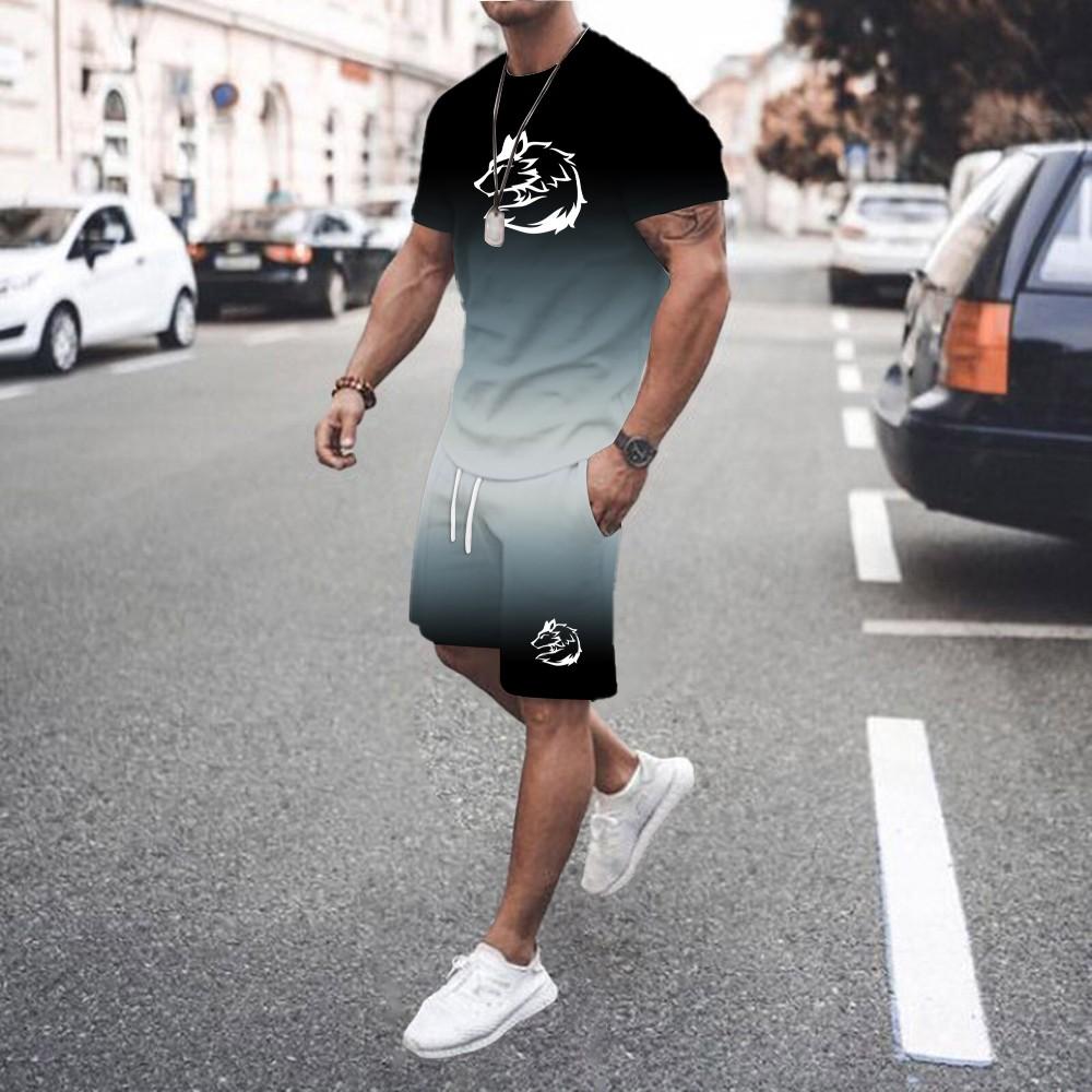 Summer Personalized New 3D Men's Gradient Two-piece Set Wolf Print Fashion Trend Pattern Street Handsome Men's Casual Suit