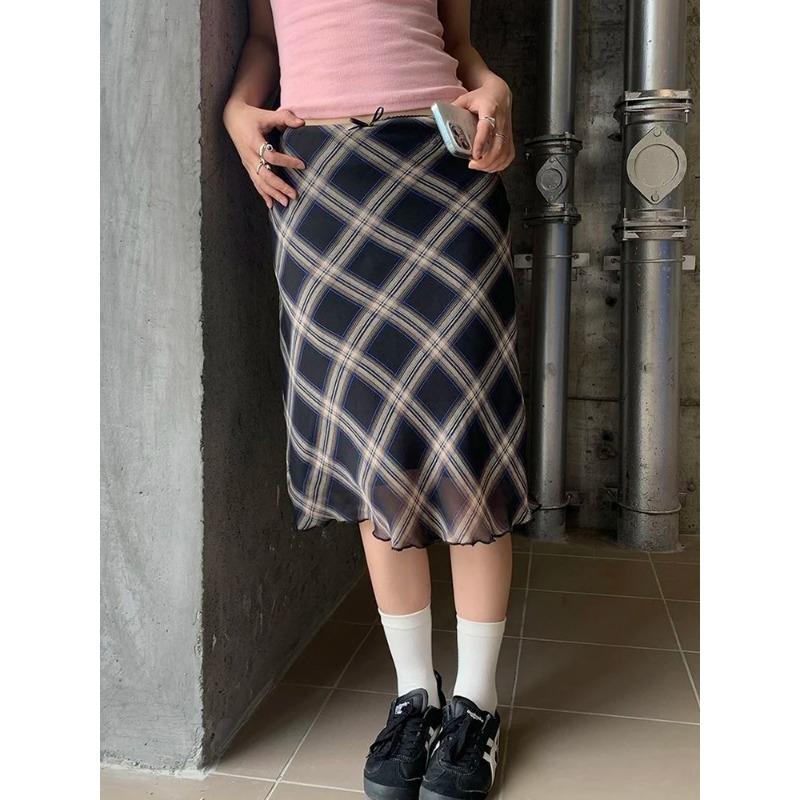 Y2k Vintage Plaid Skirt Women Summer 2024 Korean Style Casual Mesh Print High Waist Slim Midi Skirt Girl 90s Streetwear