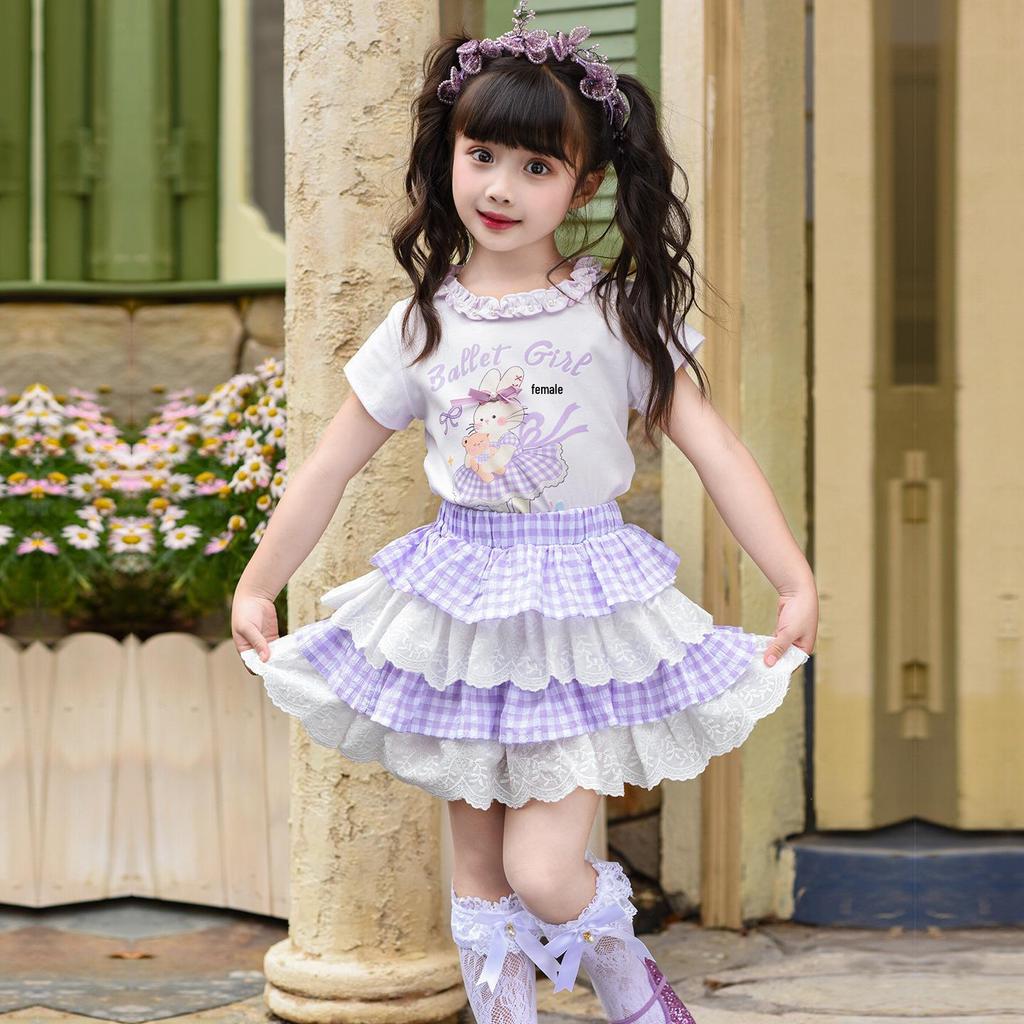 Girls' 2026 Summer Lace T-Shirt & Cake Skirt Set with Mosquito Repellent Pants