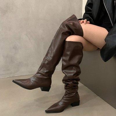 Thick Heel Pleated Long Knight Boots Women's 2025 Autumn and Winter New Knee Two Wear Western Cowboy Knee Boots Shoes