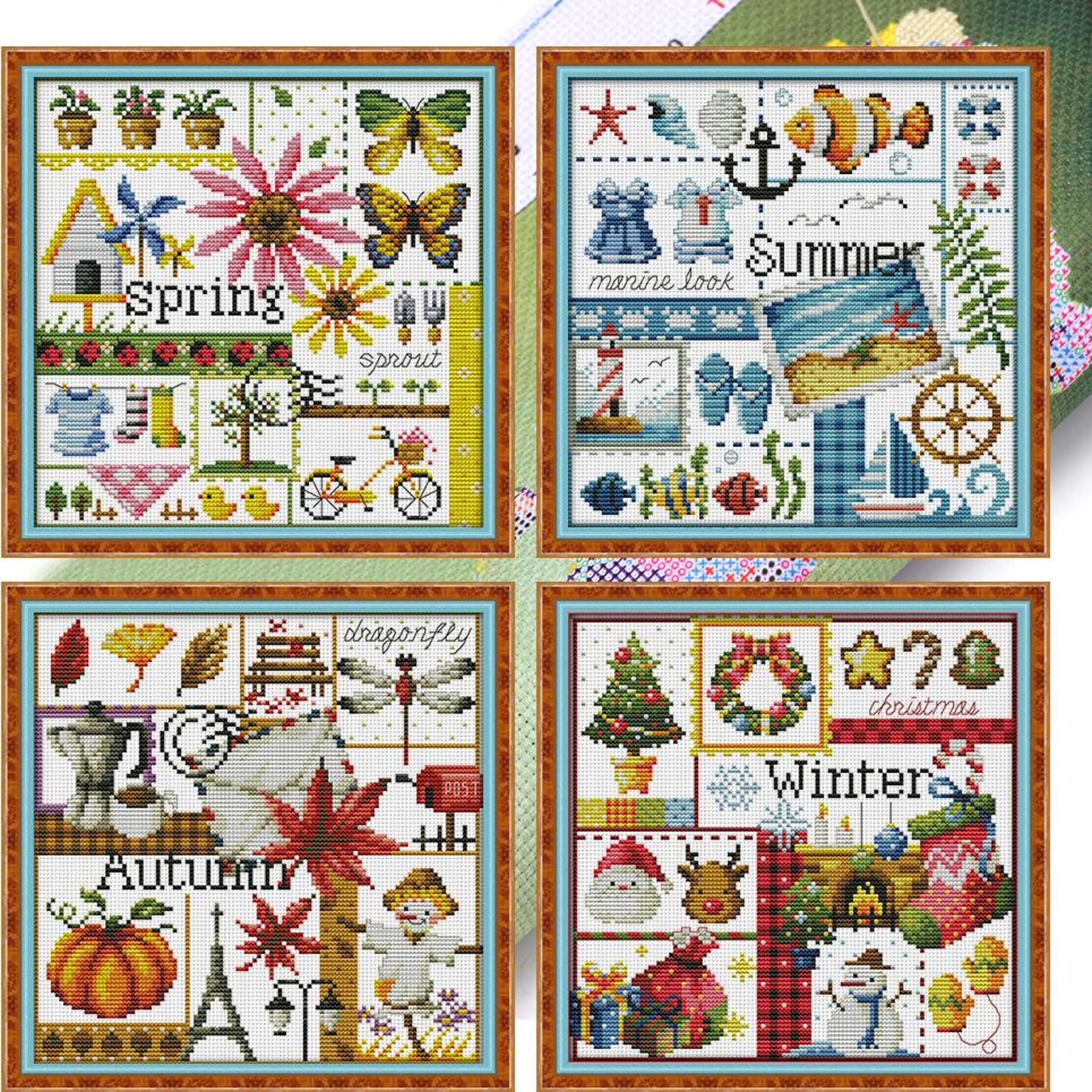 4pcs Embroidery cotton Thread 14CT Printed Landscape DIY Cross Stitch Kit