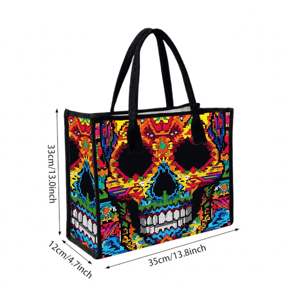 Pixel Art Skull Pattern Tote Bag Fashion Casual Daily Shoulder Handbag for Streetwear