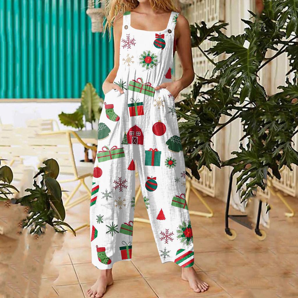 Women's Fashion Christmas Print Casual Retro Sleeveless Button Jumpsuit